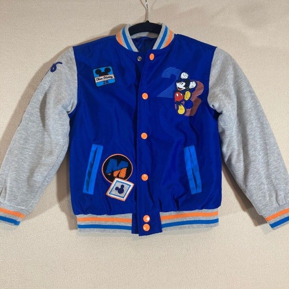 Mickey Mouse Team Disney Varsity Bomber Jacket  Blue, Orange & Gray‎ Snap Front